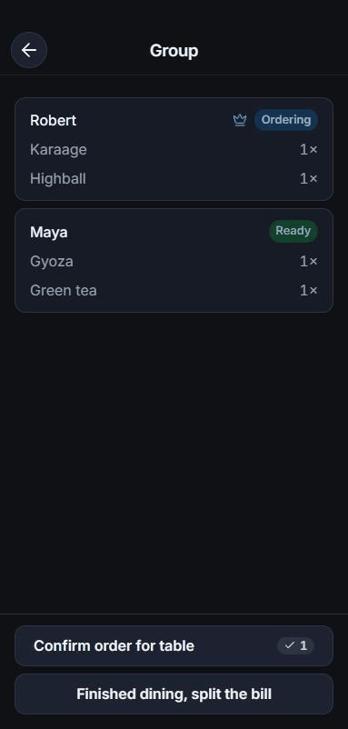 The TableTab app showing a group order with two diners and their items