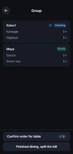 The TableTab app showing a group order with two diners and their items