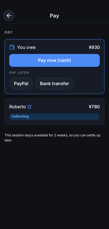 The TableTab app showing a diner's amount owed with PayPal and bank transfer payment methods to pay later