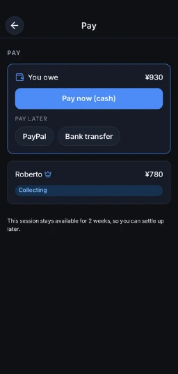 The TableTab app showing a diner's amount owed with PayPal and bank transfer payment methods to pay later