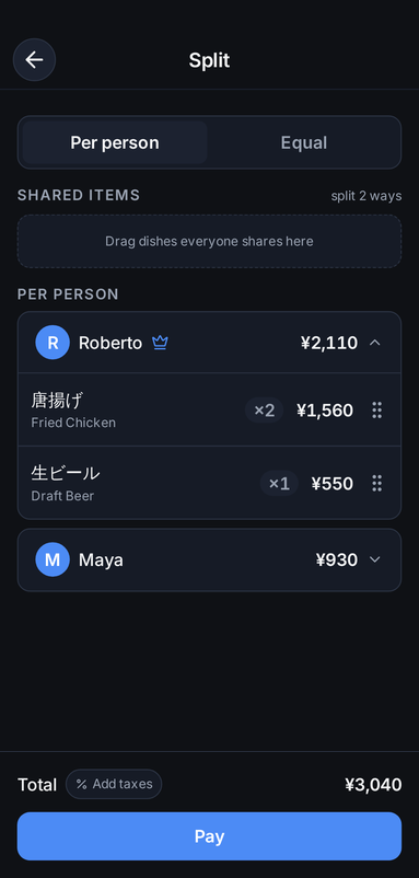 The TableTab app showing one diner's card expanded, listing their dishes and line totals
