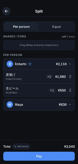 The TableTab app showing one diner's card expanded, listing their dishes and line totals